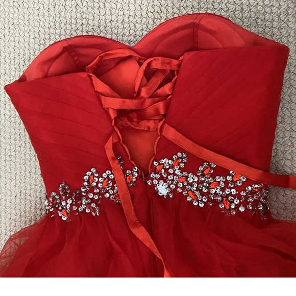 Red A-Line Strapless Sweetheart Corset Back Dress with Beading - Picture 5 of 8